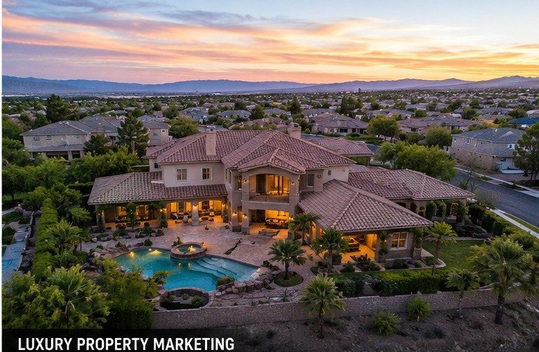 Aerial drone real estate photo at sunset