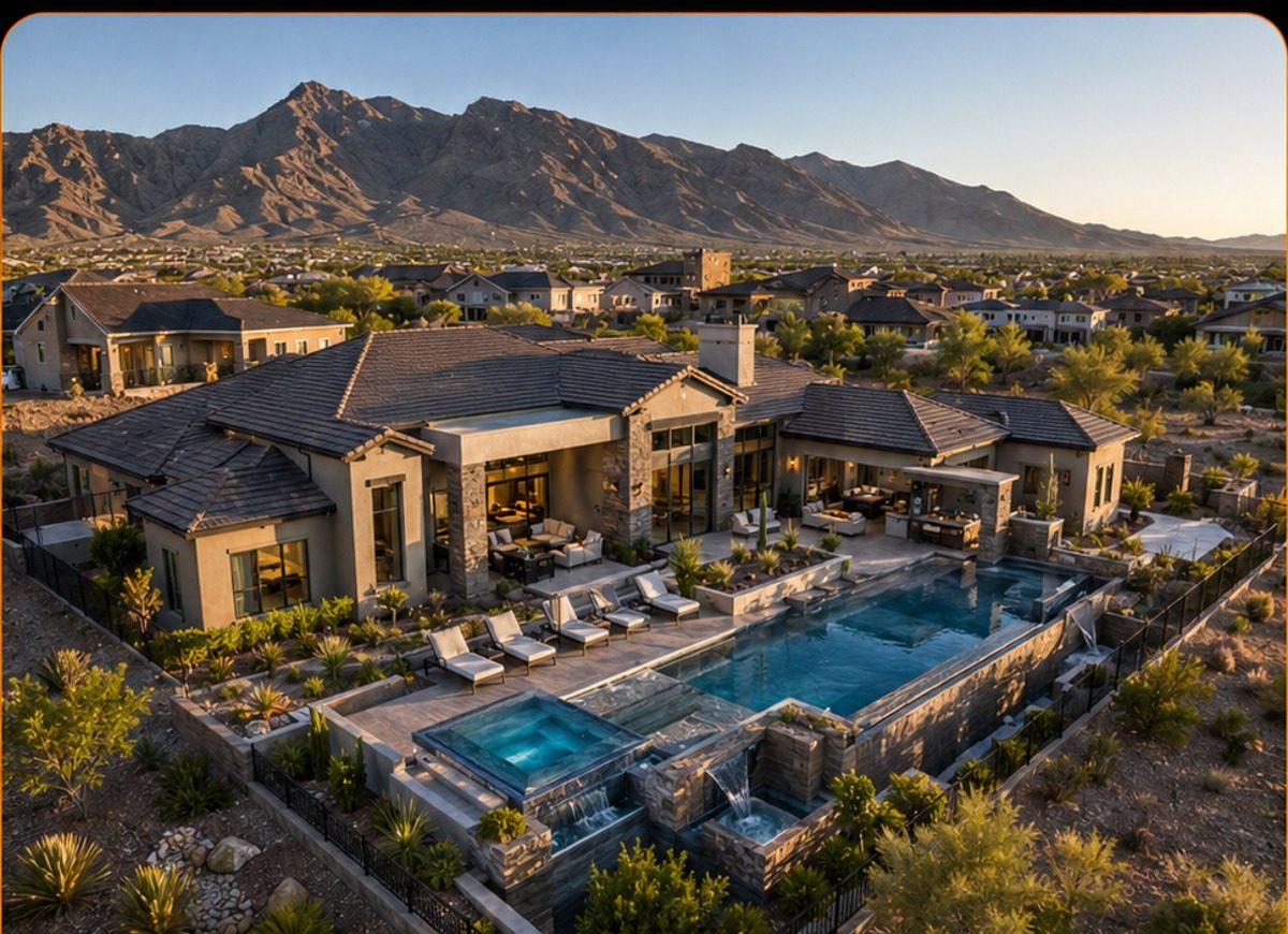 Aerial drone real estate photo of luxury home with pool